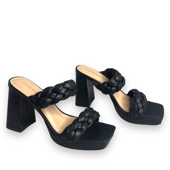 Sincerely Jules Platform Heeled Sandal Black Chunky Braided Square Toe 8 - Picture 1 of 12